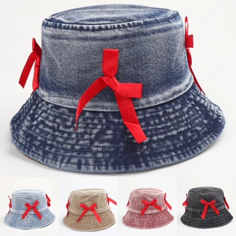 Cappello Da Pescatore In Denim Lavato Da Donna Con Fiocco In Nastro Di Raso Dolce Stile Coreano Protezione Solare