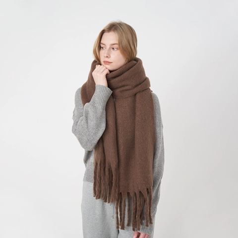 Women's Solid Color Thickened Warm Scarf With Tassels Soft Polyester Woven Winter Long Scarf Shawl For Daily Outdoor Casual Wrap