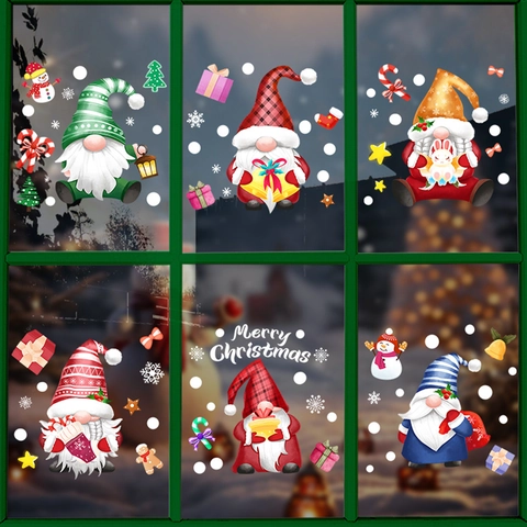 Christmas Gnome Window Stickers Static Cling PVC Reusable Double Sided Glass Door Decals Holiday Home Decor