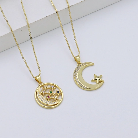 Mode Kupfer Gold Vergoldet Zirkonia Mond Stern Anhänger Halskette Für Damen Elegante Strass Eingelegte Kette Schmuck Geschenk
