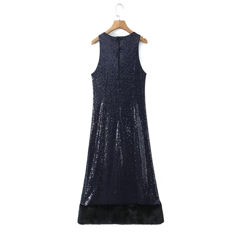 Dames Sexy Donkerblauw Pailletten Patchwork Maxi Jurk Mouwloos Ronde Hals Slim Fit Bodycon Avondfeest Faux Bont Zoom Jurk
