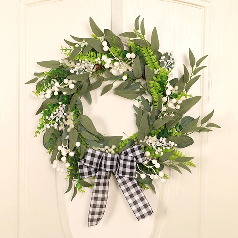 Artificial Wreath With Willow Leaves Eucalyptus White Berries And Buffalo Plaid Bow Farmhouse Door Hanging Wall Decor