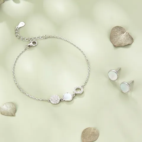 Pulsera Y Pendientes De Plata De Ley 925 Redondo Madreperla Circonita Incrustada Elegante Minimalista Joyería