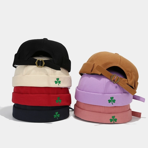 Vintage Miki Hat Docker Cap Pure Cotton Canvas Clover Embroidery Adjustable Brimless Skullcap Streetwear Unisex