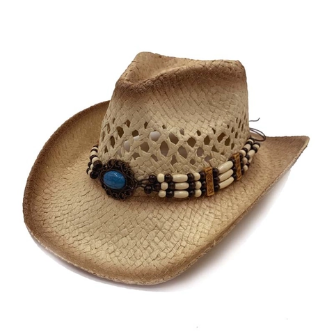 Western Cowboy Papier Strohhut Für Damen Herren Ethnisch Perlen Türkis Dekor Farbverlauf Breite Krempe Hohl Atmungsaktiv Strandhut