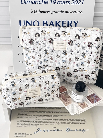 Schattige Gewatteerde Make Up Tas Met Hond Print Grote Capaciteit Draagbare Polyester Cosmetische Organizer Toilettas