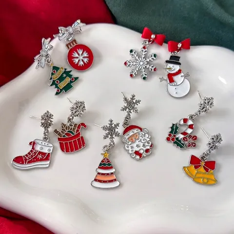 Orecchini Natale Lega Smalto Asimmetrici Babbo Natale Pupazzo Di Neve Albero Renna Con Perno In Argento Per Donna