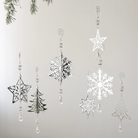 Ornamenti Appesi Di Natale Metallo Cavo Fiocco Di Neve Stella Albero Con Perle Di Cristallo Decorazione Festiva