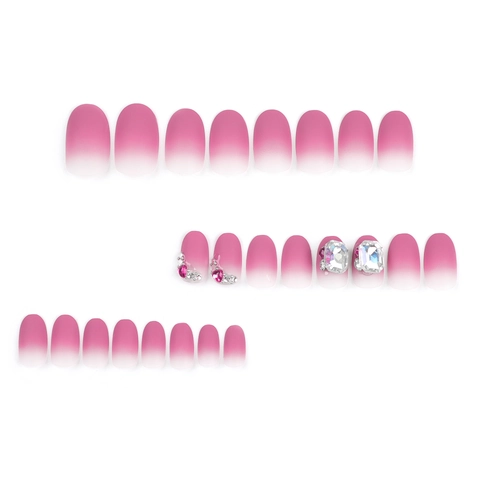 Uñas Postizas Rosa Ombre Degradado Mate Con Decoración De Corazón De Strass Uñas Artificiales Ovaladas Cortas