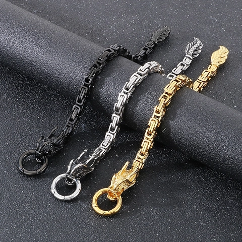 Pulsera De Hombre De Acero Inoxidable Con Cabeza De Dragón Cadena Bizantina Joyería Punk Retro Regalo