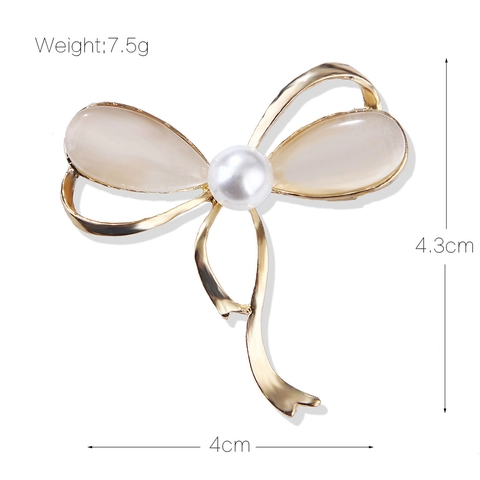 Elegante Broche De Lazo Aleación Tono Dorado Con Perla Artificial De Imitación Y Piedra Ojo De Gato Para Mujer Traje Cárdigan Joyería