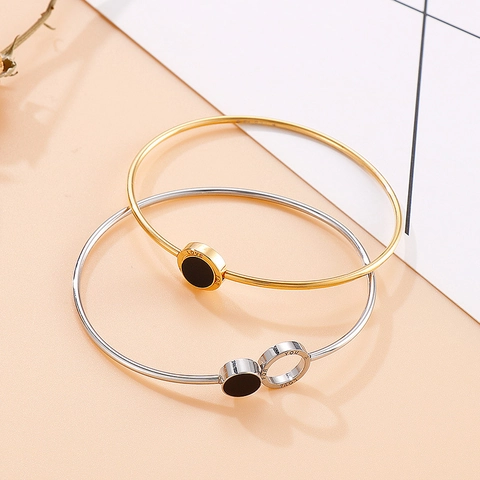 Bracciale Rigido In Acciaio Inossidabile Per Donna Disco In Resina Nera Inciso Love For You Gioiello Di Moda Elegante