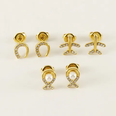 Rhinestone Stud Earrings 18K Gold Plated Stainless Steel With Faux Artificial Pearl 3D Airplane U-Shape Geometric Jewelry For Women