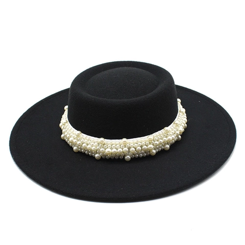 Cappello Boater Retrò Francese Per Donna Tesa Larga Feltro Di Lana Cupola Piatta Cappello Parasole Fascia Di Künstliche Perle Moda Estiva