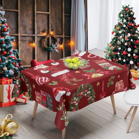 Christmas Rectangular Tablecloth Polyester Holiday Party Dining Table Cover Red Green Plaid Poinsettia Printed Decor