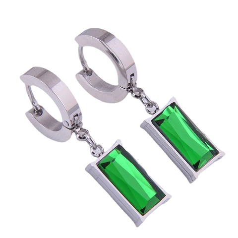 Emerald Green Rectangle Gemstone Jewelry Titanium Steel Snake Chain Necklace Hoop Earrings Retro Elegant Women