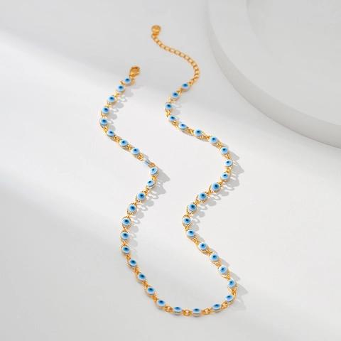 Evil Eye Necklace 18K Gold Plated Copper Chain Blue Turkey Eye Beads Vintage Bohemian Jewelry For Women