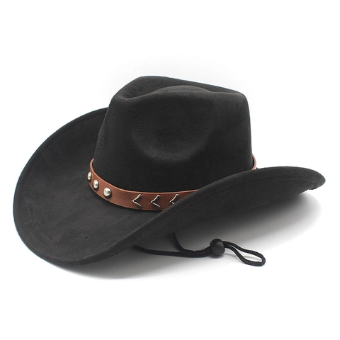 Vintage Western Cowboy Hat Suede Fabric Wide Brim Fedora With Faux Leather Band Rivets And Adjustable Chin Strap