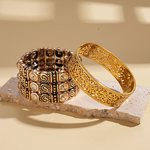 Pulseras Bohemias Retro Oro Brazalete Calado De Acero Inoxidable Y Joyas Elásticas De Aleación Con Diamantes De Imitación