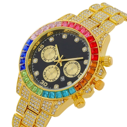 Orologio da Polso di Lusso con Strass Donna Ghiera Arcobaleno Lega Quarzo Tre Occhi Oro Argento Oro Rosa Gioielli