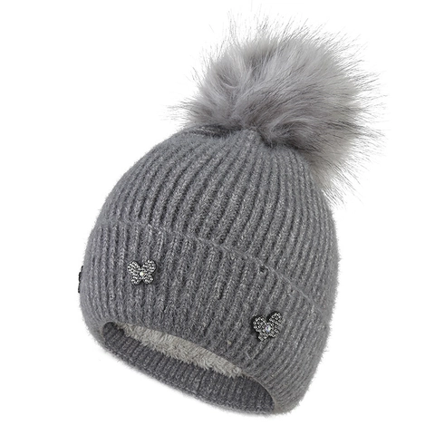 Damen Winter Warm Strickmütze Mit Kunstpelz Bommel Strass Schmetterling Dekoration Fleece Gefüttert Acryl Beanie