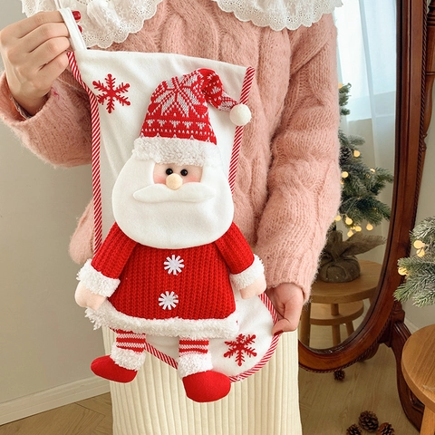 Calcetín de Navidad 3D de Dibujos Animados Con Tejido de Punto Papá Noel Muñeco de Nieve Bolsa de Regalo Decoración