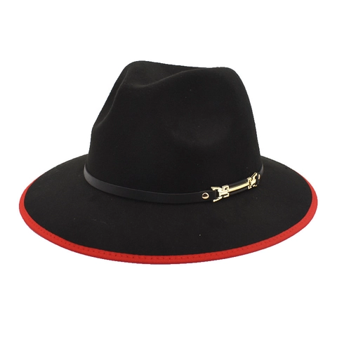 Chapeau Fedora À Large Bord Mélange De Laine Jazz Cap Avec Passepoil Contrasté Boucle Dorée Style Britannique Rétro