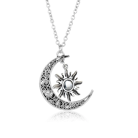 Collier Pendentif Soleil et Lune Vintage Ajouré Alliage Argent Bronze Antique Chaîne de Pull pour Hommes Femmes Bijoux Cadeau