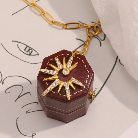 Ins Style Eight-Pointed Star Tassel Pendant Necklace Stainless Steel 18K Gold Plated Rhinestone Sun Star Necklace For Women