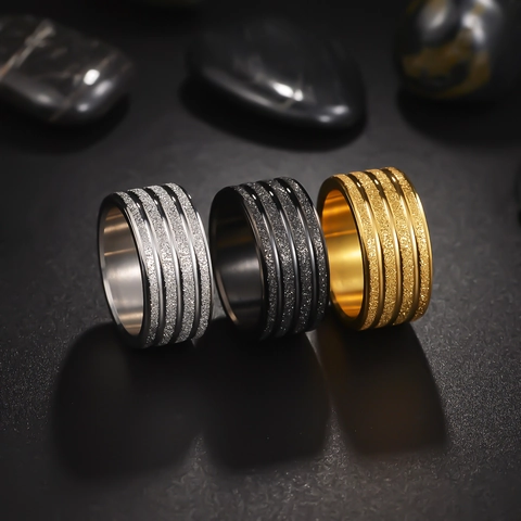 Men Fashion 304 Stainless Steel Ring Frosted Triple Striped Textured Wide Band Gold Silver Black Finger Ring Jewelry