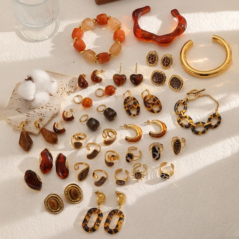 Bijoux Rétro Résine Imprimé Léopard Boucles D'oreilles Bague Bracelet Alliage Plaqué Oro Géométrique Écaille Ambre Accessoire Femme