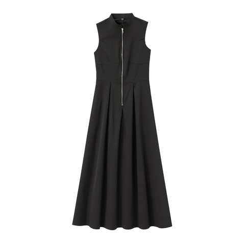 Elegant Sleeveless Stand Collar Maxi Dress For Women Front Zipper Pleated A-Line Polyester Long Flowy Dress