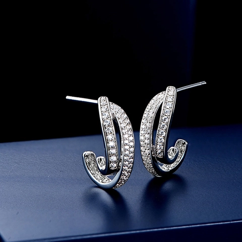 J Shaped Curved Earrings For Women Copper Plated With Zircon Irregular Double Row Geometric Sparkly Trendy Jewelry