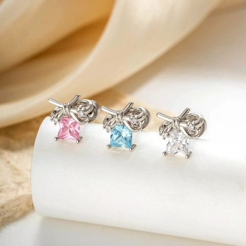 Bowknot Square Zircon Ear Cartilage Stud Piercing Earring With Titanium Steel Post For Women Elegant Minimalist Jewelry
