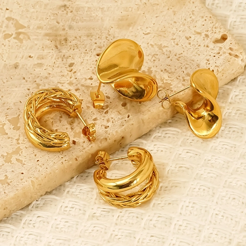 Chunky Stud Earrings 18K Gold Plated 304 Stainless Steel Woven Texture Irregular Geometric C-Shape For Women Waterproof