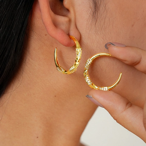 Twisted C-Shaped Hoop Earrings With Zircon Inlay 18K Gold Plated Copper With Silver Earring Post For Women Fashion