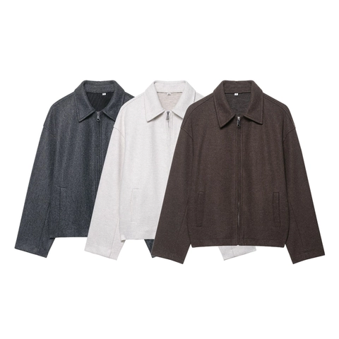 Women Jacket Minimalist Streetwear Turn Down Collar Zip Up Brushed Wool Like Texture Coat With Pockets Loose Fit