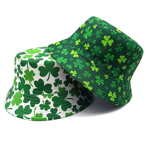 Chapeau Bob Réversible Saint-Patrick Polyester Imprimé Trèfle Protection Solaire Chapeau De Soleil Festif Hommes Femmes