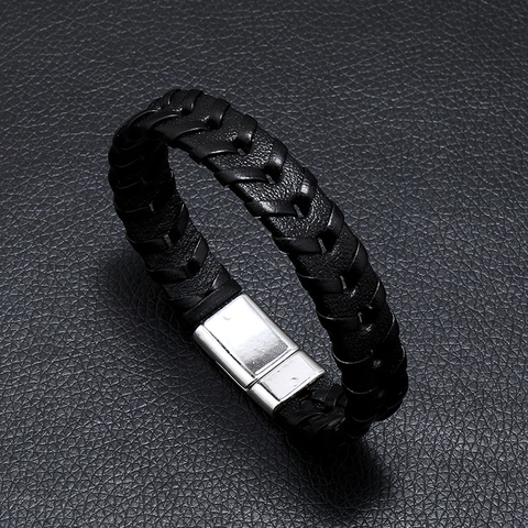 Handgewebtes Armband Aus Echtem Leder Geflochten Mit Legierung Magnetverschluss Punk Stil Schmuck Für Männer