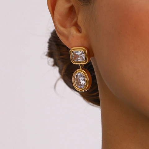 Geometric Cubic Zirconia Dangle Earrings For Women Stainless Steel Waterproof Hypoallergenic Luxury Vintage Style Gold