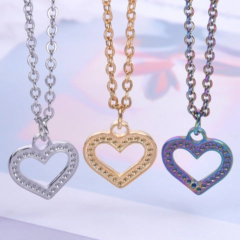 Stainless Steel Heart Shaped Hollow Pendant With Rhinestone Rainbow Gold Silver Color Heart Necklace Pendant For Women Jewelry Accessories