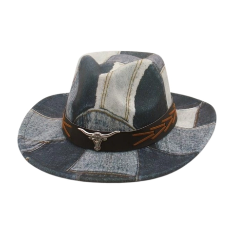 Cappello Da Cowboy Western Vintage Patchwork In Denim Tesa Larga Con Decorazione Testa Di Toro In Metallo Retro