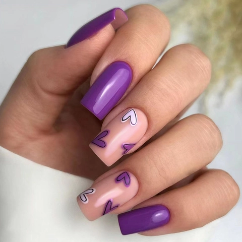Glossy European Square Press On Nails Purple Pink Heart Pattern Medium Long Full Cover Fake Nails For Women Sweet Style