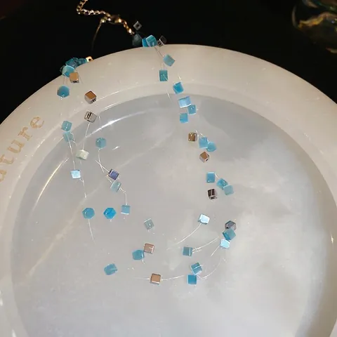 Minimalist Double Layer Choker Necklace Alloy Geometric Cube Cat Eye Stone Beads Floating Effect Transparent Line Elegant