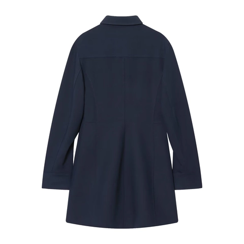 Mini Abito A Camicia Maniche Lunghe Poliestere Elasticizzato Listino Nascosto Tasca Vita Alta Linea A Ufficio Blu Navy