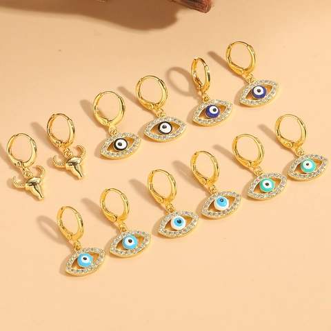 Vintage Copper Evil Eye Hoop Earrings For Women Gold Plated Exotic Zirconia Enamel Drip Oil Bull Head Drop Earrings Jewelry