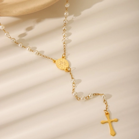 Rosenkranz Halskette Mit Kreuz Anhänger Und Jungfrau Maria Medaille Vergoldeter Edelstahl Künstliche Perlenimitat Y Form Schmuck Für Damen