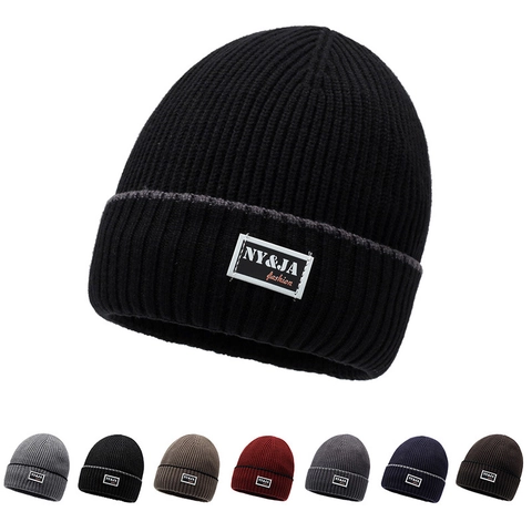 Gorro De Punto Para Hombre Invierno Cálido Forrado De Polar Moda Exterior Beanie Acanalado Con Parche