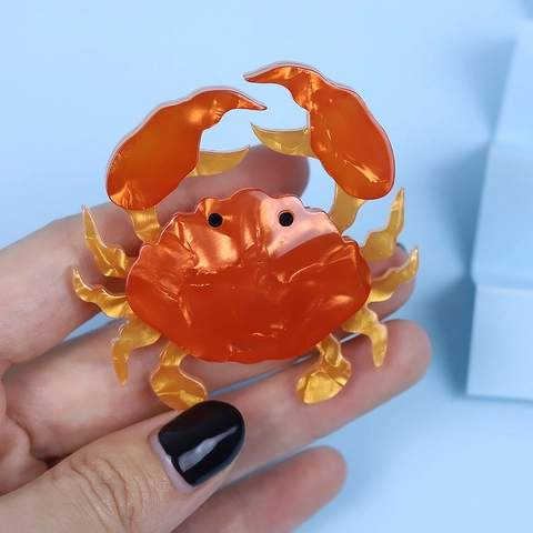 Crab Brooch Acrylic Orange Amber Marble Texture Animal Shape Pin For Clothes Bags Accessories Cute Original Design