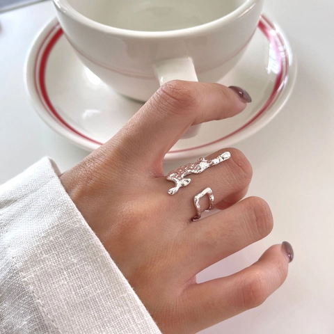925 Sterling Silver Ring Minimalist Irregular Molten Liquid Metal Style Adjustable Open Finger Jewelry For Women